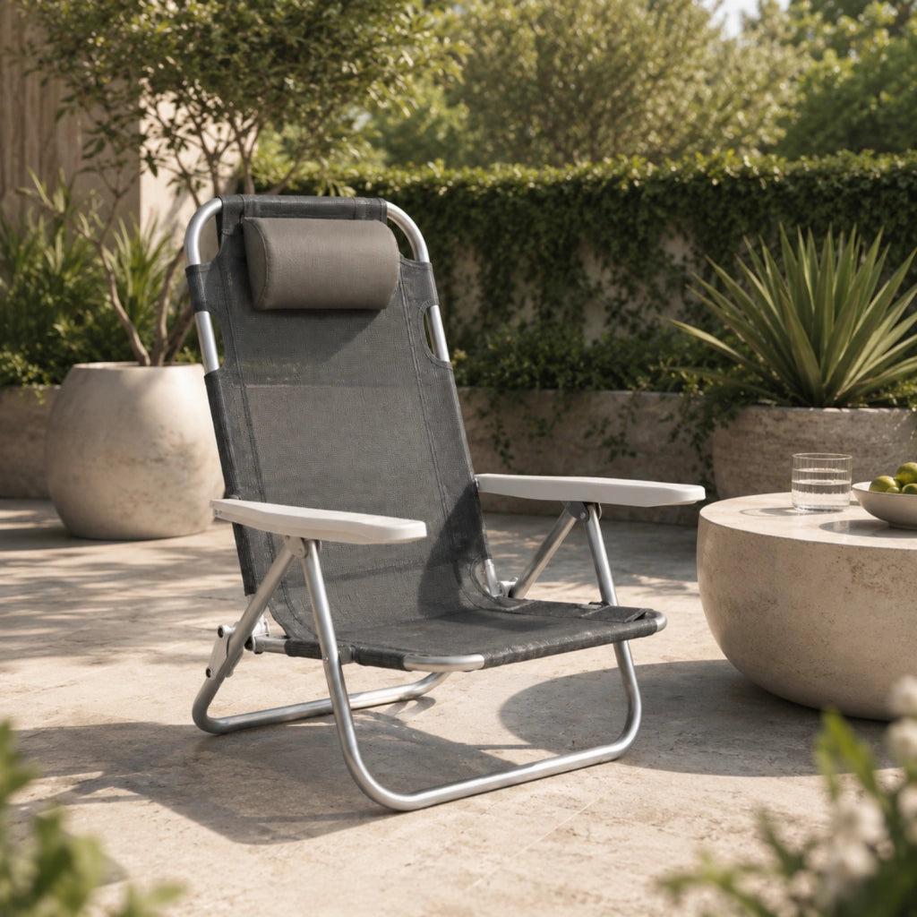 Spiaggina Reclinabile Da Mare Con Poggiatesta Imbottito Sedia Pieghevole Trasformabile In Lettino Per Campeggio Spiaggia Relax Outdoor 48.5 x 60 x 80 Cm Grigio