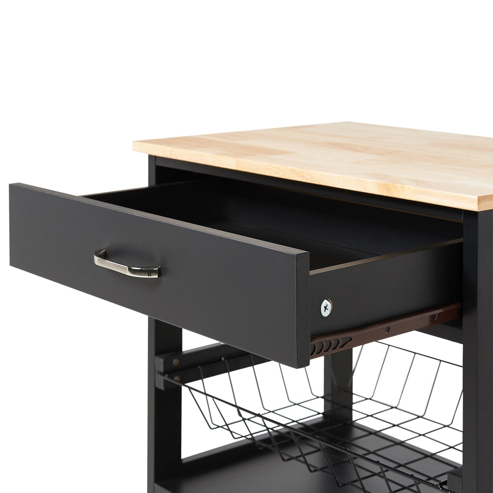 Carrello da cucina nero e legno chiaro con cassetto e armadietto