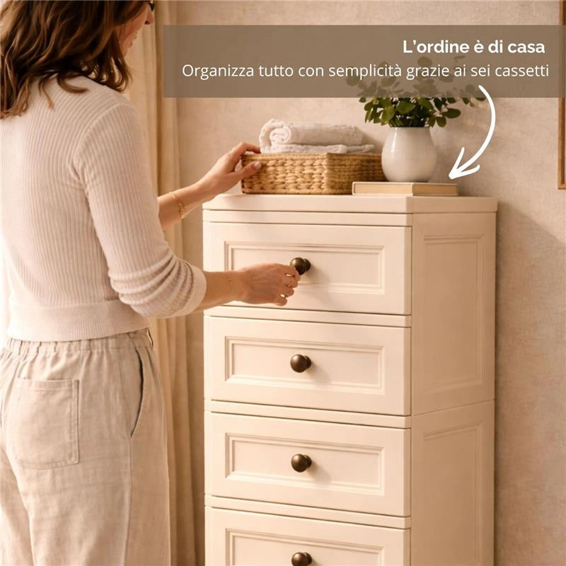 CASSETTIERA ALTA 6 CASSETTI PICCOLI ANGORA 40X43X125 CM – MOBILE VERTICALE EFFETTO BUGNATO PER CAMERA, INGRESSO E ZONA LIVING