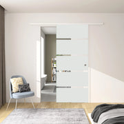Porta Scorrevole Interna 77x215 cm in Vetro Temperato da 8 mm Opaco con Fasce Bianche Serigrafate Binario Alluminio Bianco