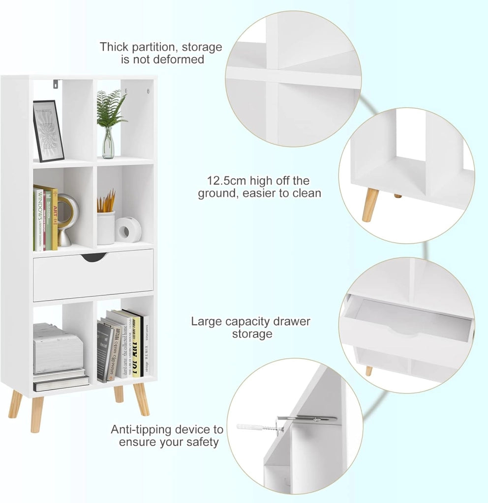 Libreria Moderna Bianca Scaffale Espositore a 6 Cubi Mobile Autoportante per Soggiorno con 1 Cassetto Gambe in Legno Bianco