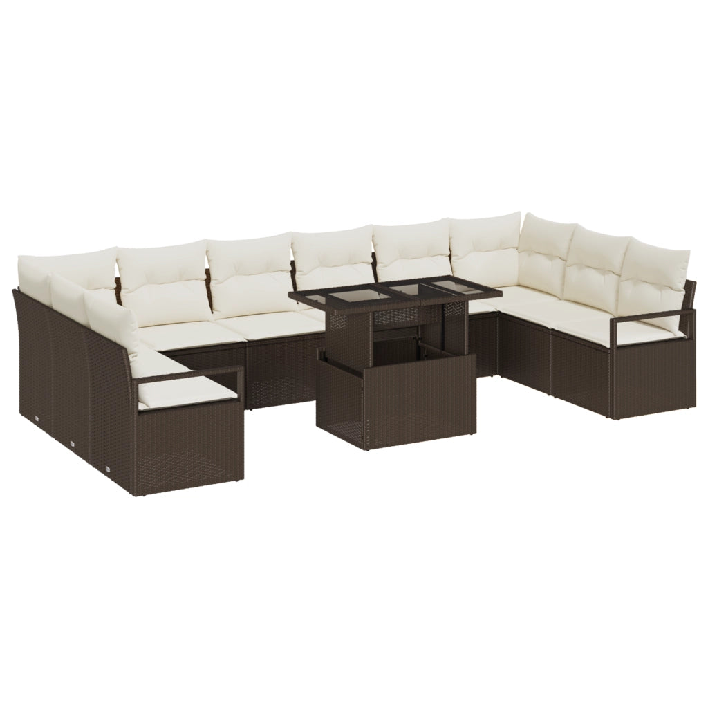 Set Divano da Giardino  11 Pezzi con Cuscini Marrone Polyrattan