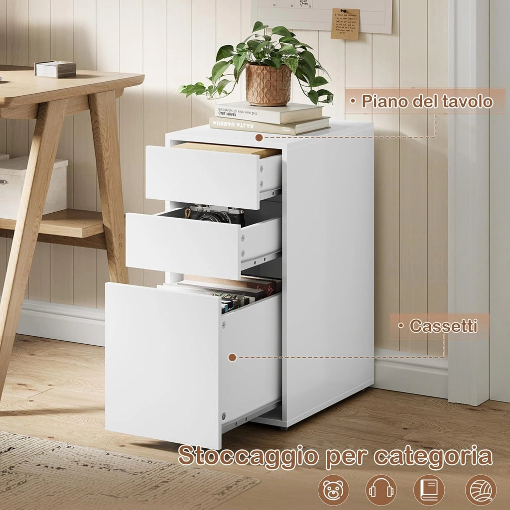 Comodino con 3 Cassetti di 2 Dimensioni, Cassettiera Bianco, 30x40x60 cm, Tavolino da Divano in Legno, Schedario, per Camera da Letto, Soggiorno, Corridoio, NTS17ws