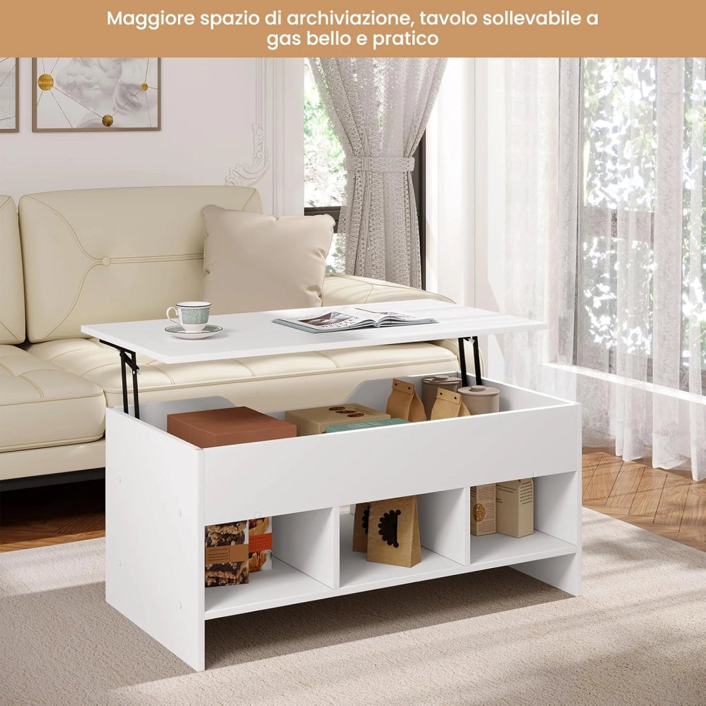 Tavolino da Caffè Sollevabile dall'Alto, tavolino Salotto con 1 Scomparto Nascosto e 3 Scomparti Aperti, 96x51x45cm, in Legno Ingegnerizzato, BTS19ws
