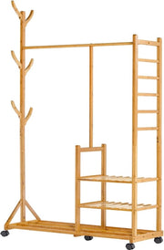 Pannello di stoccaggio 4 in 1 in bambù, con attacco per cappotto laterale, progetto a forma di albero con ganci, 3 ripiani di stoccaggio, con ruote universali