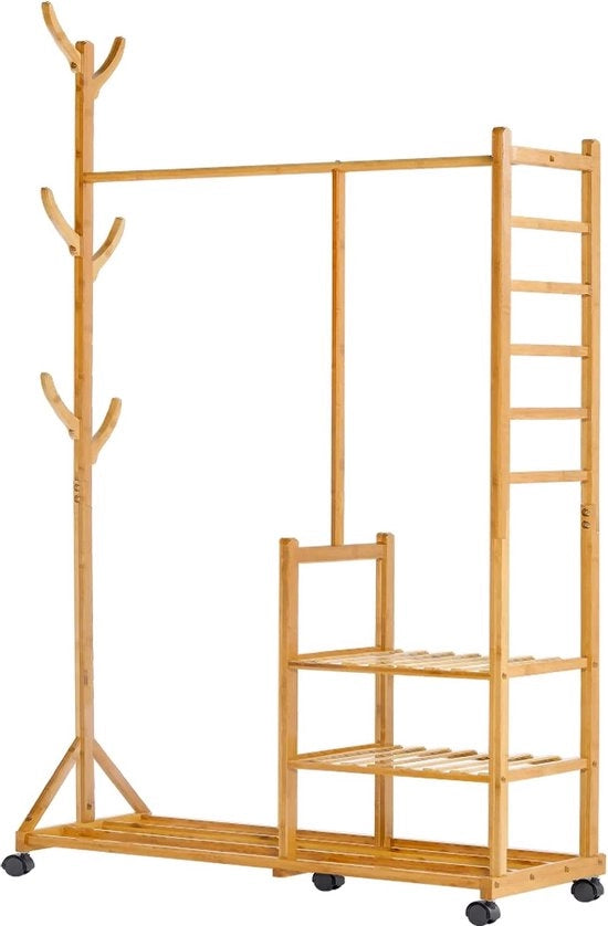 Pannello di stoccaggio 4 in 1 in bambù, con attacco per cappotto laterale, progetto a forma di albero con ganci, 3 ripiani di stoccaggio, con ruote universali