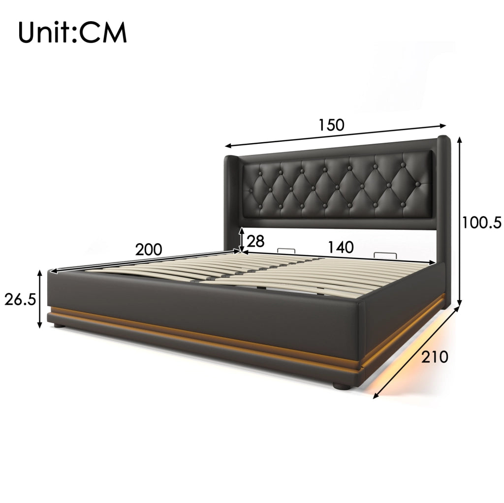 Letto matrimoniale imbottito con contenitore 140x200 cm in PU nero; LED e USB-C