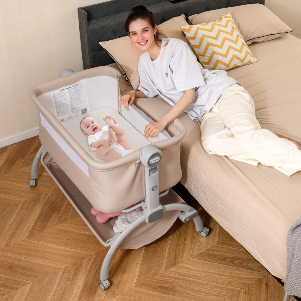 Lettino affiancato con regolazione in altezza a 7 livelli per neonati, Culla co-sleeper per bambini cesto portaoggetti Beige