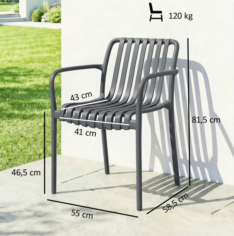 Set 4 sedie da giardino impilabili con braccioli; design a lamelle; grigio scuro