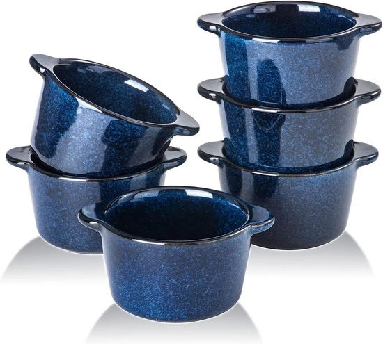Impasto ceramico per creme brulee - Mini tazze per custardi 6 oz - Fornello a fuoco lento per soufflé e piatti caldi - Set di teglie individuali per brasature e salse - Blu - Set di 6 teglie per forno