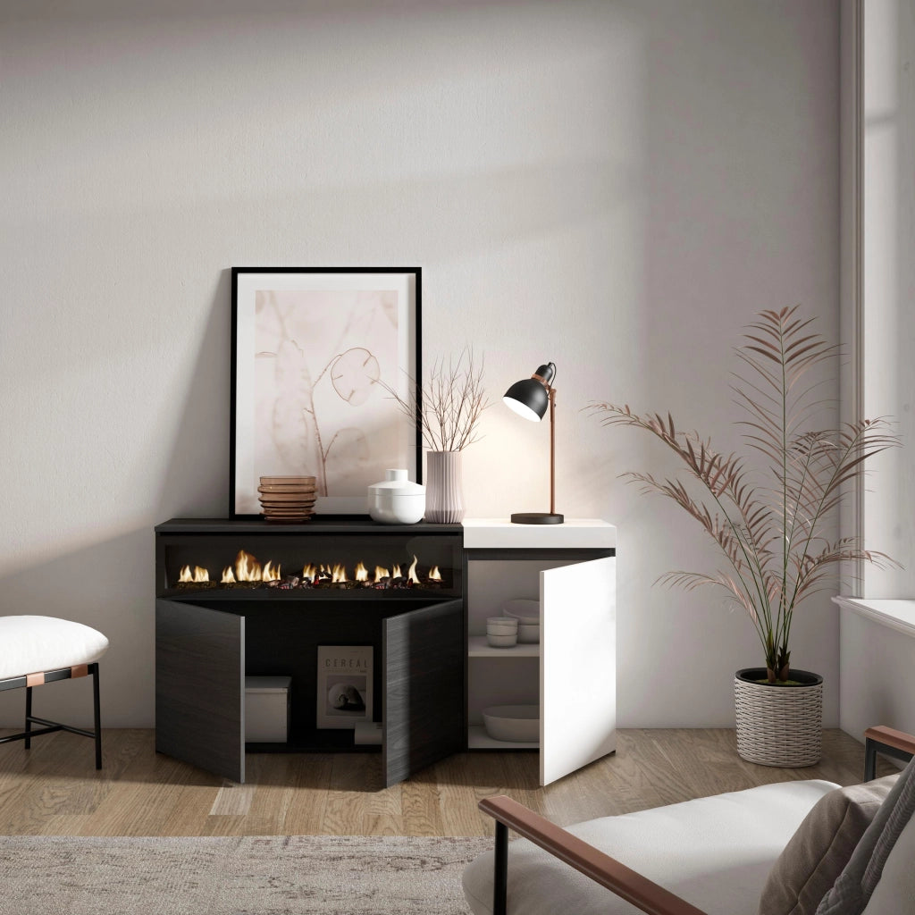 Credenza, Mobile, 150x35x75cm, 3 Porte, Camino elettrico, Bianco e nero RF2502