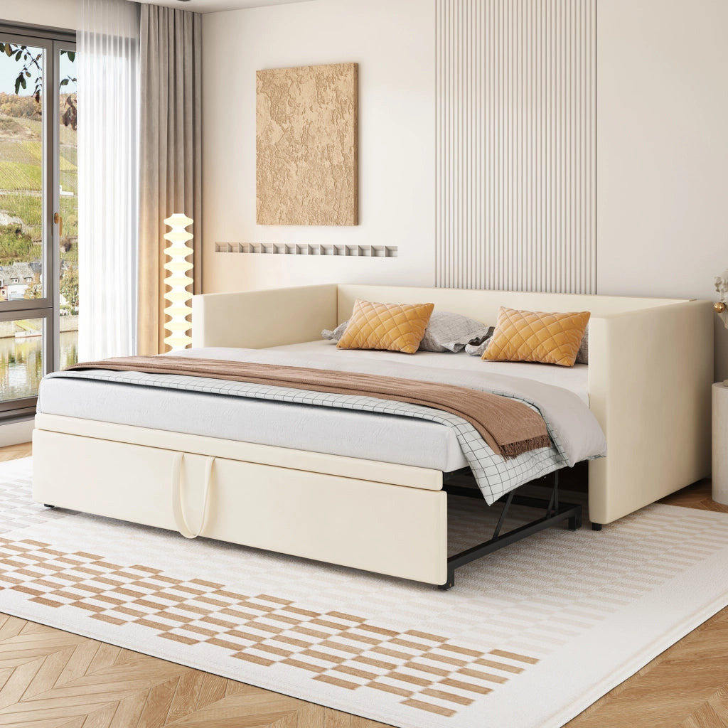 Letto divano estraibile 90 × 200 cm e 180 × 200 cm con telaio supplementare, senza materasso, in velluto beige
