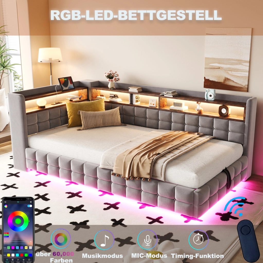 Divano letto imbottito 90x200 cm con LED e ricarica USB-C