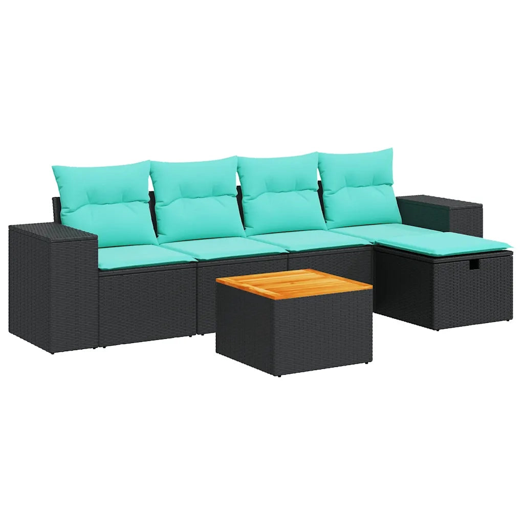 Set Divano da Giardino 6 pz con Cuscini Nero in Polyrattan
