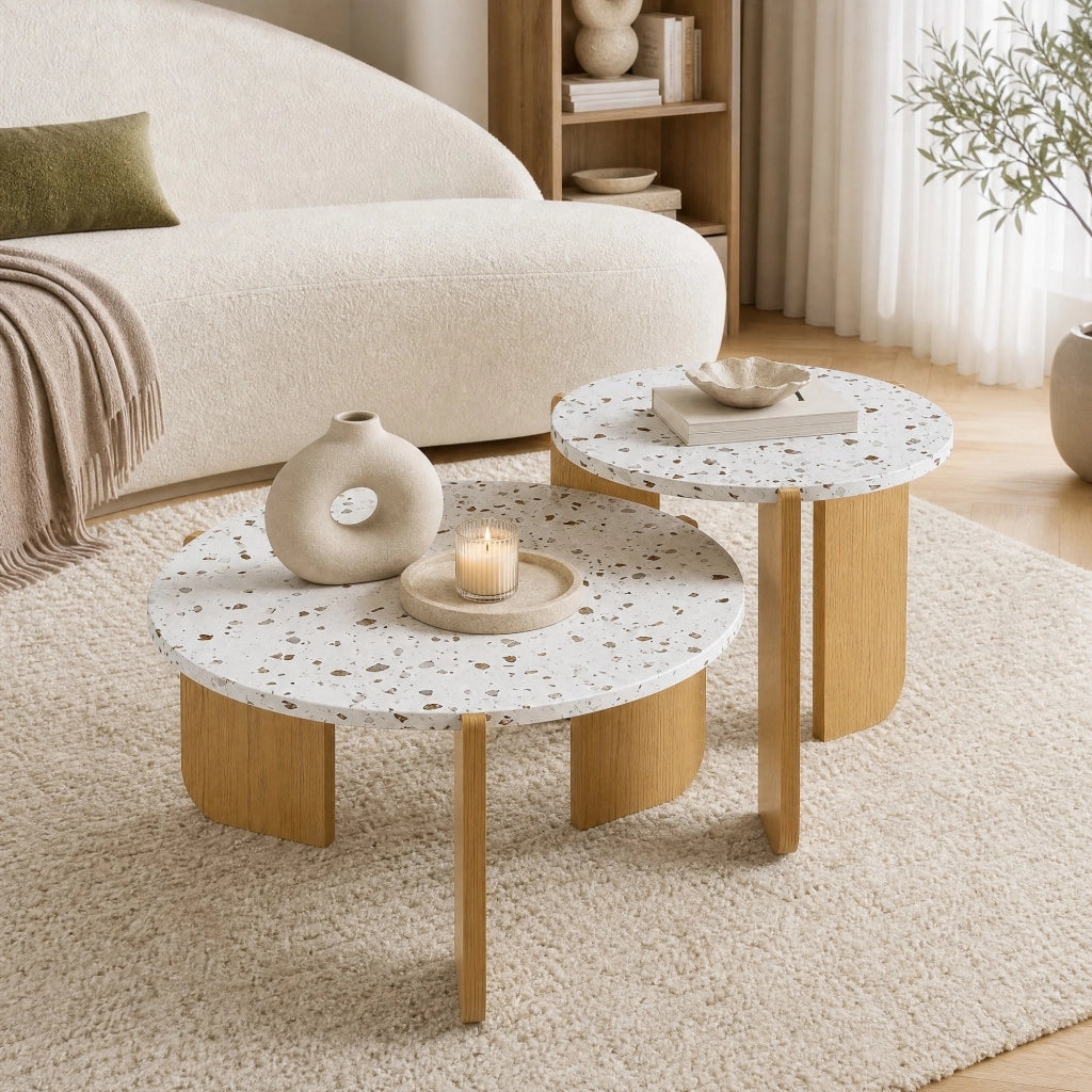 Set di 2 tavolini da caff猫 nidificanti in MDF 70x70 e 50x50 cm bianco e legno