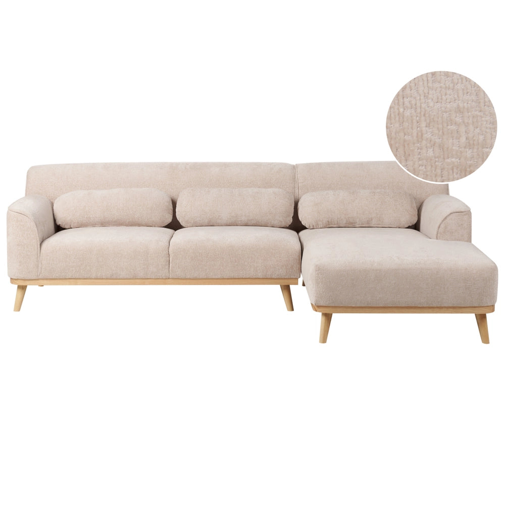 Divano angolare 3 posti sinistro imbottito in ciniglia beige con funzione di dormiente e schienale imbottito estraibile Gambe in legno