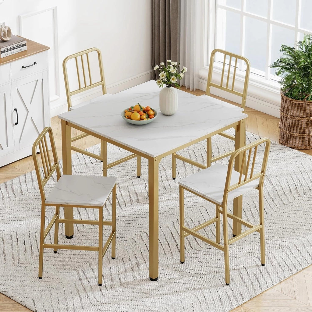 Set da Pranzo per 4 Persone, Set Cucina Bar 5 Pezzi con Superficie in Finto Marmo, Tavolo Quadrato in Legno e 4 Sgabelli Alti per Angolo Colazione e Sala da Pranzo (Bianco)