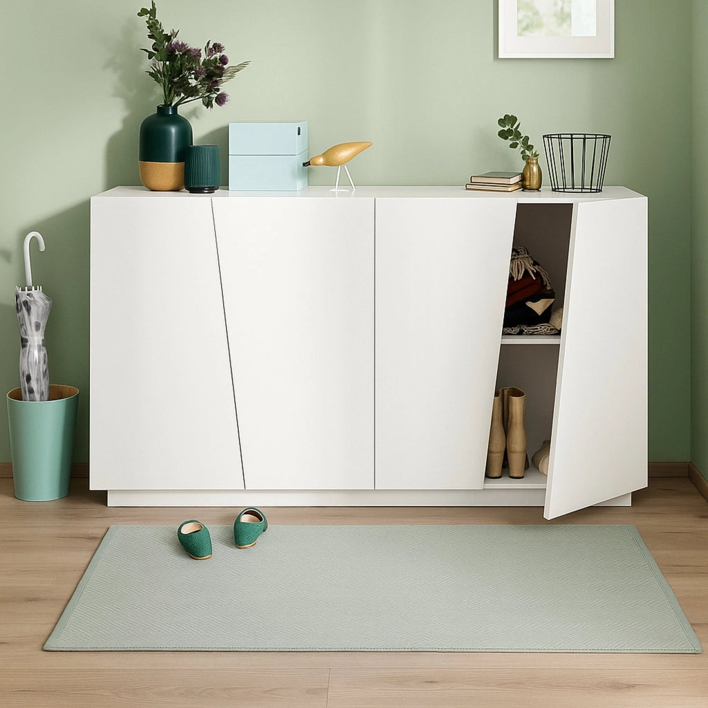 Credenza moderna a 4 Ackhab, Made in Italy, Madia da cucina, Buffet di design da soggiorno, cm 159x43h86, Bianco lucido