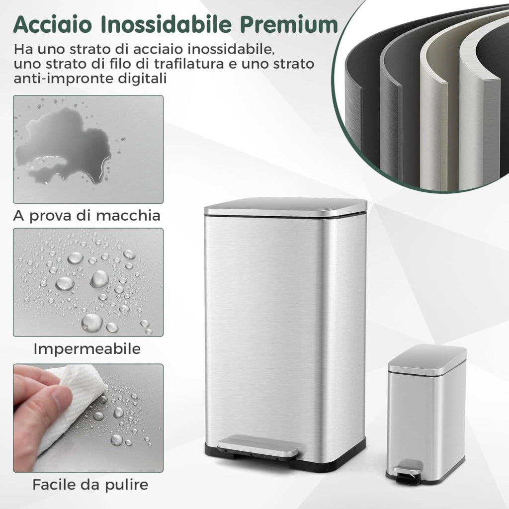 Set di 2 Cestini per Spazzatura 40/6L, Cestino per Rifiuti in Acciaio Inox con Secchi Interni Rimovibili, Coperchi Aperti e Chiusura Morbida, Bidoni per Cucina Bagno e Ufficio