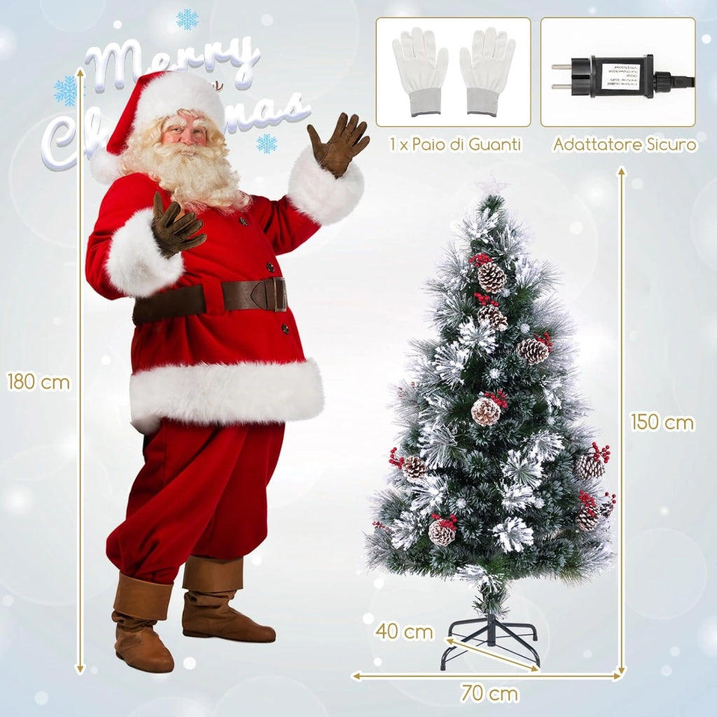 Albero di Natale Innevato 150/180 CM, con Fibra Ottica, 49/63 Luci LED, 8 Modalità di Illuminazione, 170/220 Punte di Rami, Ago di Pino, 18/24 Mazzi di Bacche Rosse e 18/24 Pigne (150 CM)