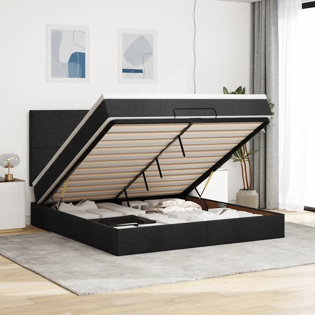 Struttura Letto Pouf con Materasso Nero 180x200 cm in Tessuto 3313943