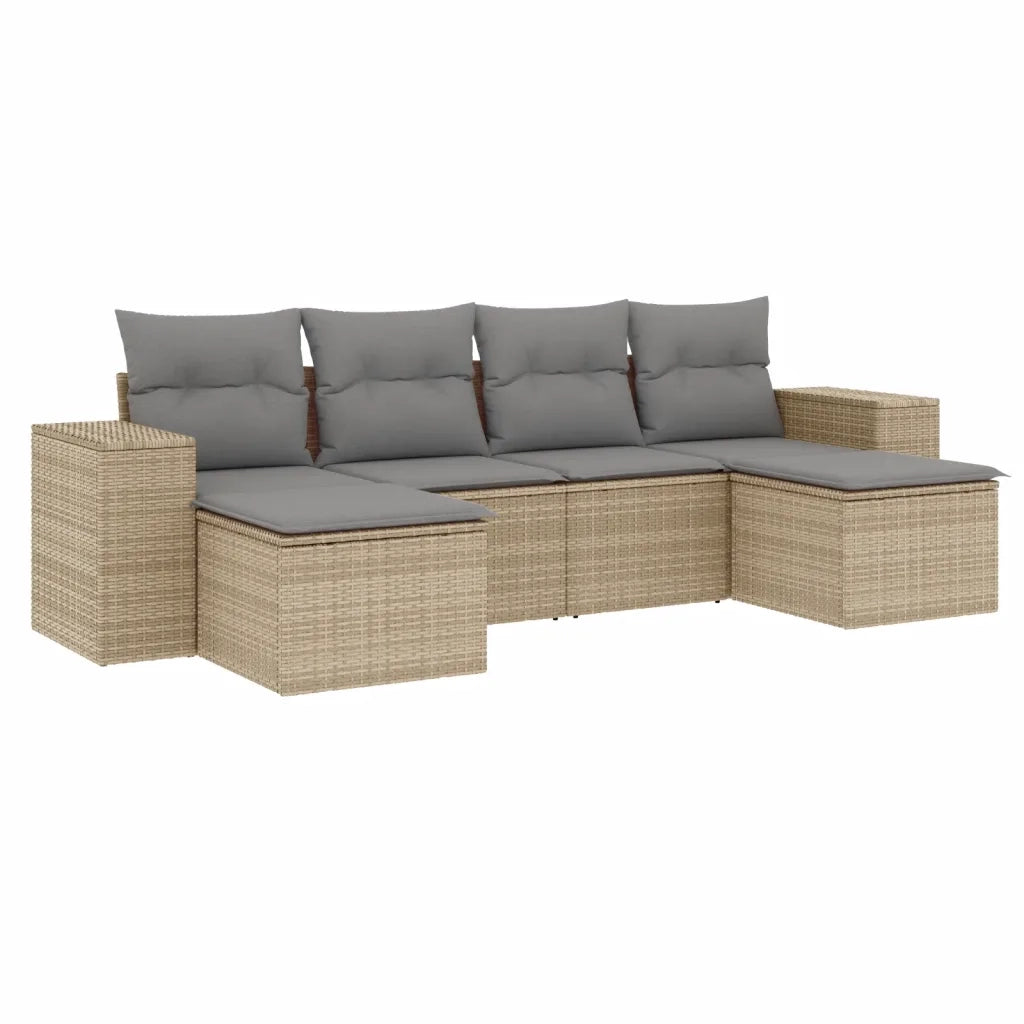 Set Divano da Giardino 6 pz | Set Salotto da Giardino con Cuscini Beige in Polyrattan