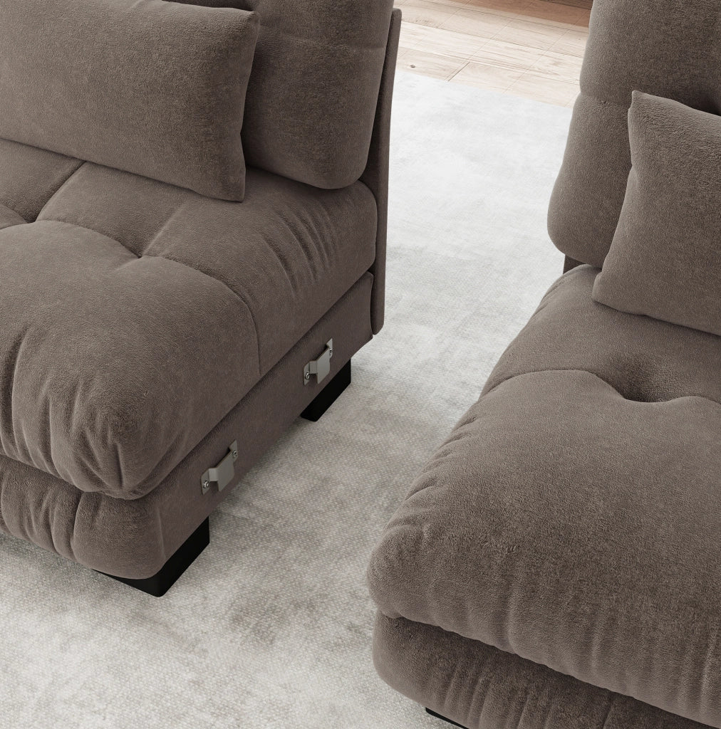 Divano modulare angolare a U 4 posti in chenille vintage marrone con pouf mobile