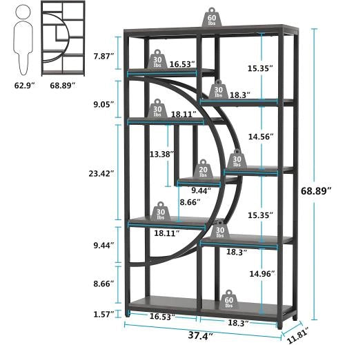 Libreria geometrica autoportante con 9 ripiani, struttura in metallo nero e legno, design moderno