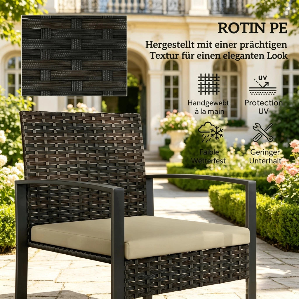 SET GARDINO Tavolo bistrot 40x40 cm con 2 sedie e 2 cuscini in rattan PE nero/marrone