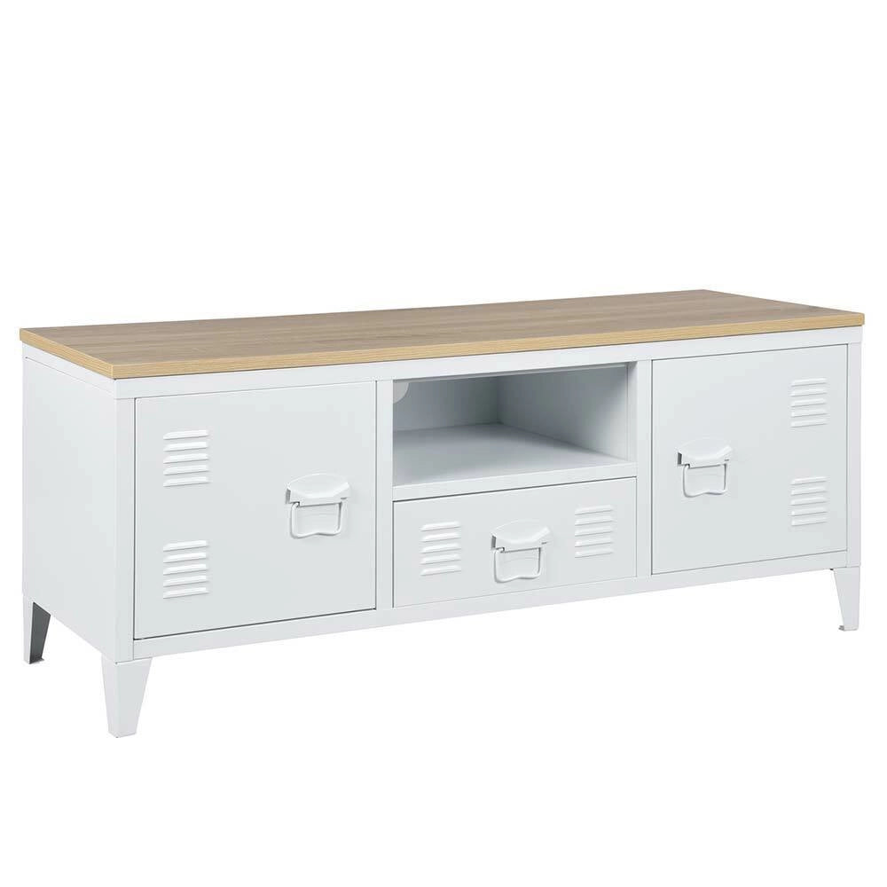 Armadietto Mobiletto TV con Cassetto Metallo MDF Mobile Televisione Moderno Bian