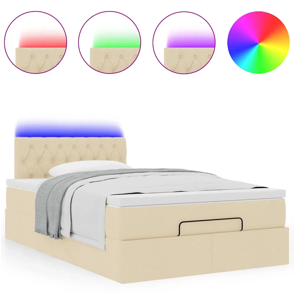 Pouf Letto con Materasso e LED Crema 120x190cm in Tessuto