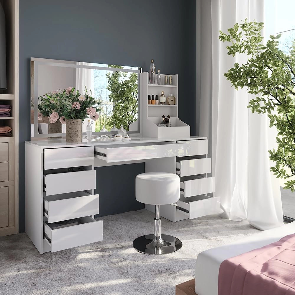 Tavolo da toeletta Sherry, Bianco/bianco lucido, 158.2 cm 4 parti