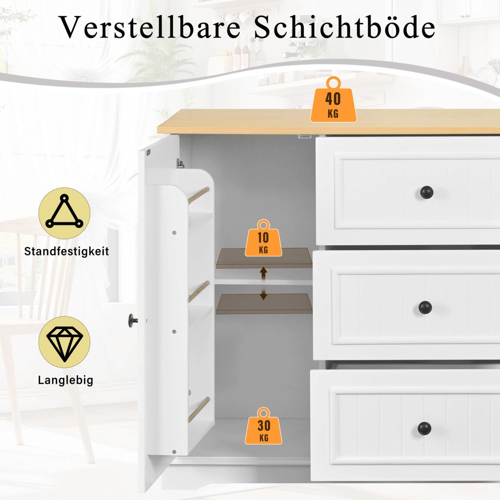 Credenza e madia con 3 cassetti, ante e ripiani regolabili per cucina soggiorno e sala da pranzo in MDF bianco 126 × 40 × 86 cm