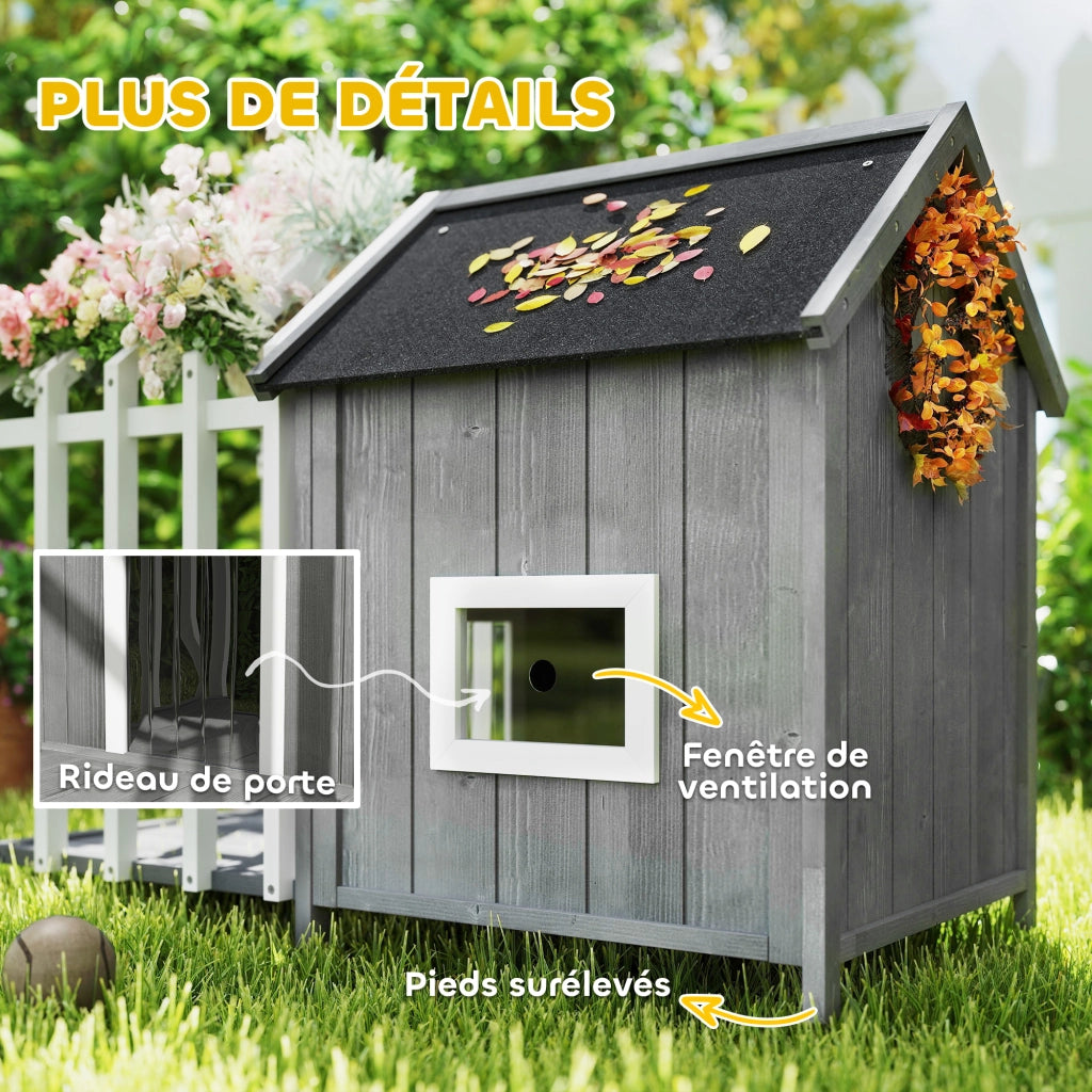 Casetta per cani esterno in legno con terrazza e porta a lamelle ¨C zephmum ¨C 106x62.5x80.5 cm grigio