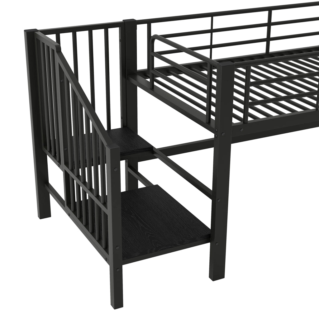 Letto a soppalco 90 × 200 cm con scala contenitore, senza materasso, per bambini, metallo nero