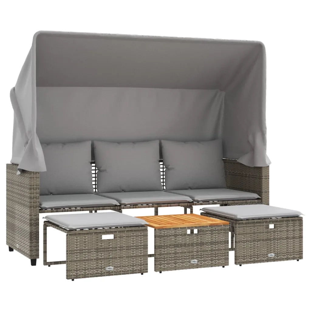 Divano Giardino 3 Posti con Tetto e Sgabelli-Sofa da Giardino-Divanetto da esterno Grigio Polyrattan