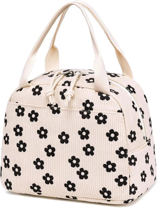 Borsa per picnic per uomo e donna, borsa corduroy per picnic, scatola per picnic isolata e riutilizzabile, grande capacità, scatola per picnic isolata e riutilizzabile per lavoro, picnic o viaggi, stampa di fiori beige e nero