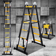Scala Telescopica con Stabilizzatore Larghezza di Sostegno 1,9+1,9 m - Nero Giallastro con Stabilizzatore