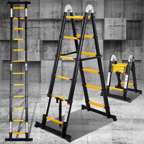 Scala Telescopica con Stabilizzatore Larghezza di Sostegno 1,9+1,9 m - Nero Giallastro con Stabilizzatore