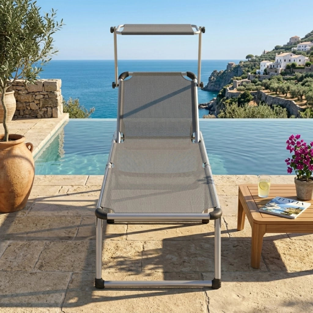 Lettino Pieghevole Prendisole Con Tettuccio Parasole Schienale Reclinabile In 6 Posizioni Regolabili Struttura In Alluminio Sedia Sdraio Per Spiaggia Mare Giardino Piscina 187 x 59 x 29 Cm Grigio Scuro