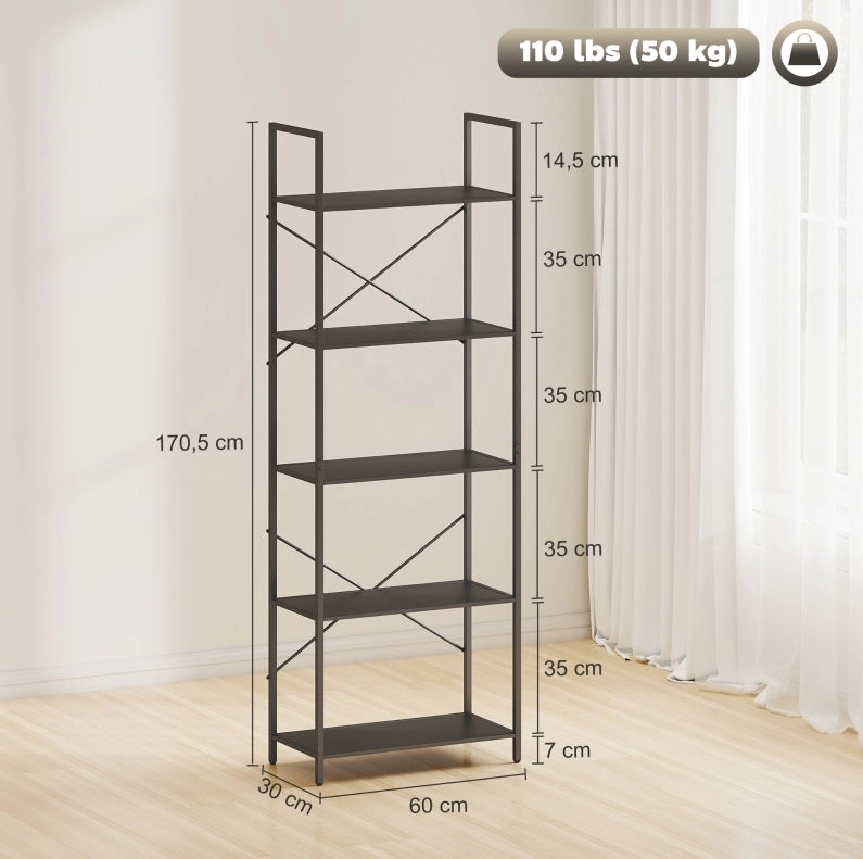 Libreria industriale nera a 5 livelli in metallo 60 x 30 x 170,5 cm