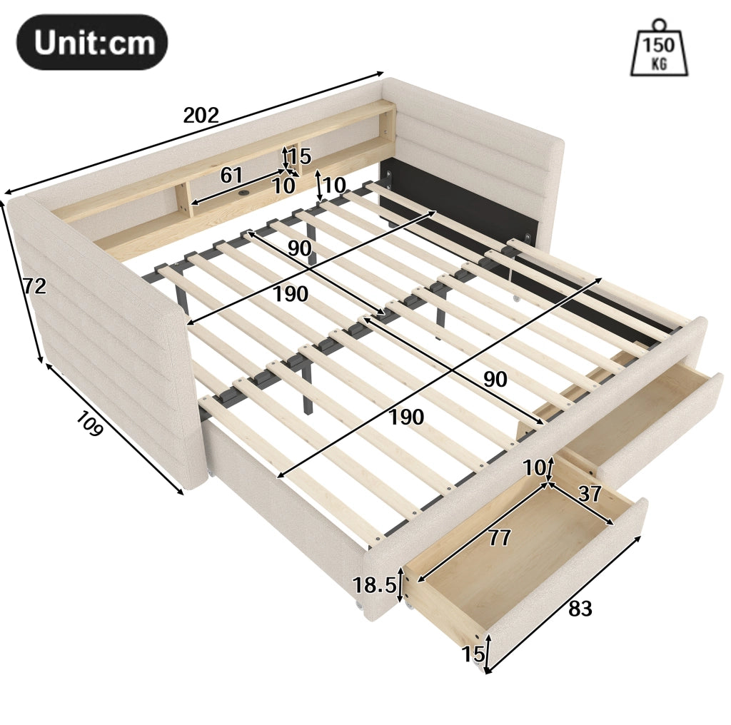 Divano letto estraibile in velluto beige 90 x 190 cm con LED