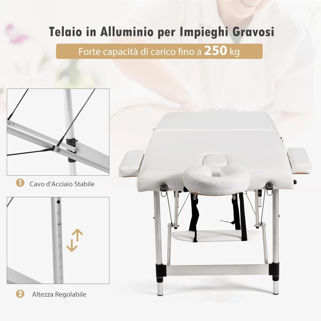 Lettino da Massaggio Pieghevole e Portatile, con Telaio in Alluminio, Regolabile in Altezza, Poggiatesta e Braccioli Removibili e Borsa, Portata 250 kg, 213 x 70 x 59-80 cm