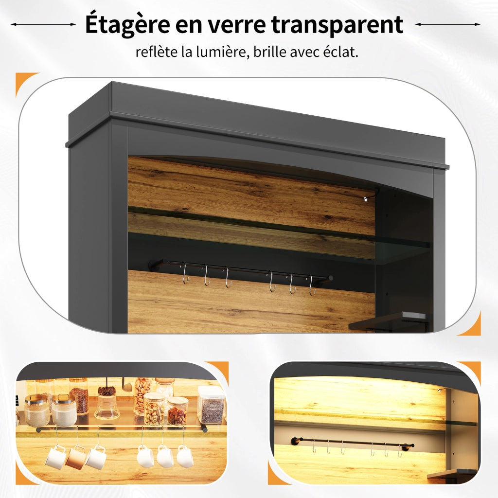 Credenza da Cucina Alta con 2 Ante; Ripiano Aperto; LED USB e 6 Ganci; per Cucina o Soggiorno; in MDF e Metallo; 107x43x184 cm; Nero