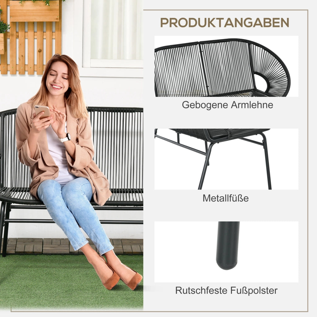 Panca Da Giardino Due Posti In Rattan Nero 132 X 72 X 83 Cm Per Veranda E Balcone