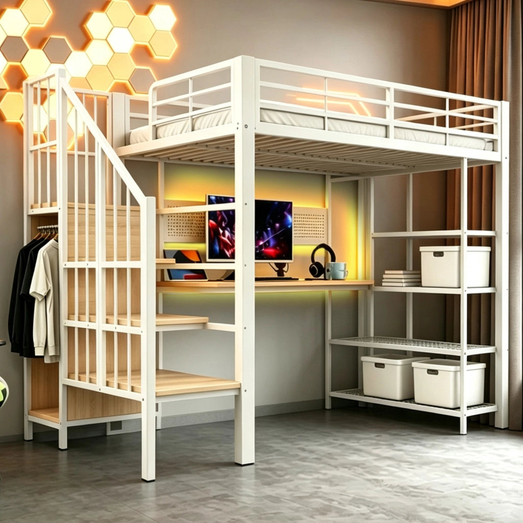 Letto a soppalco multifunzione 90 x 200 cm, con scrivania, mensole a pi¨´ livelli, LED e prese, bianco
