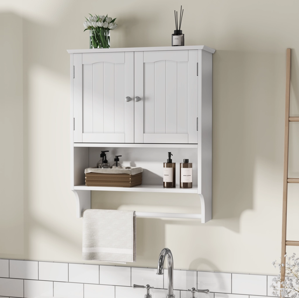 Armadio pensile da bagno bianco in MDF con ripiani regolabili