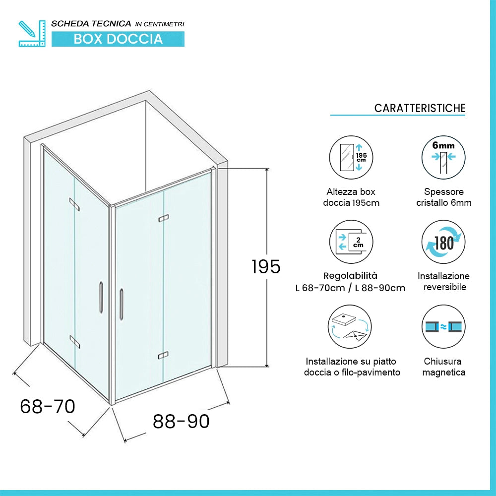 Box doccia angolare doppio soffietto 90x70 in vetro temperato trasparente con profili nero opaco Neos