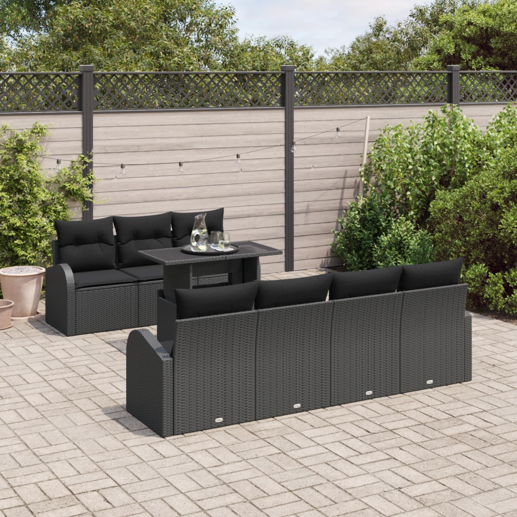 Set Divano da Giardino Con Cuscini di 8 Pezzi Nero Polyrattan
