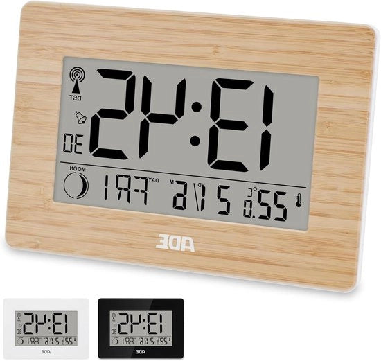 Ora digitale grande a schermo XXL con gestione radio | orologio da tavolo con visualizzazione calendario e temperatura | sveglia radio DCF | cassa in legno di bambù reale | incluse batterie